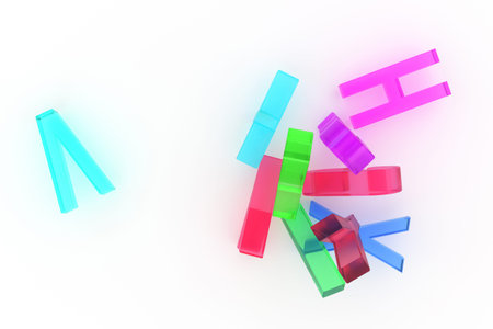 CGI typography, good for design texture or background, alphabetic character represent letter of ABC. Colorful transparent plastic or glass 3D rendering. Mess, concept, backdrop & shape.の写真素材
