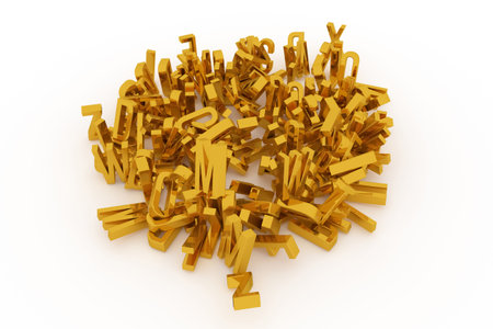 CGI typography, good for design texture or background, alphabet, letter of ABC. Golden 3D rendering....