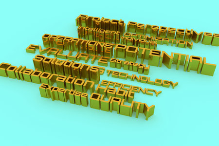 CGI typography, keywords, business related.  Gold color 3D rendering. Habit, solutions,...