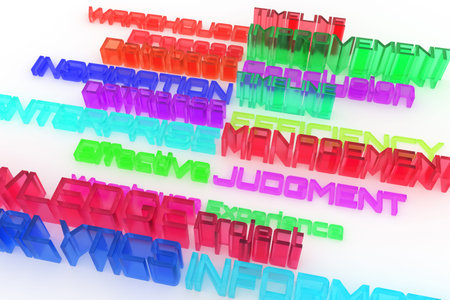 CGI typography, business related keywords.  Colorful transparent plastic or glass 3D rendering....