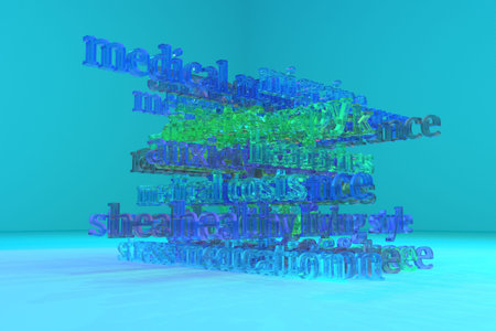3D rendering. CGI typography, medication related keywords cloud, for design texture or background.