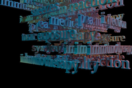 3D rendering. CGI typography with dark background, keywords cloud, health related. Decorative,...