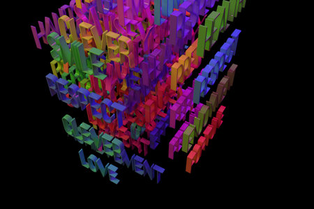 CGI typography with dark background, motivation related keywords cloud, for design texture or...