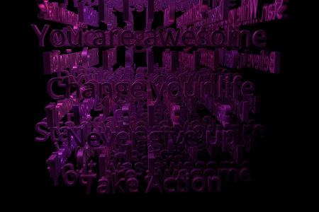 3D rendering. CGI typography with dark background, keywords cloud, motivation related. Decorative,...