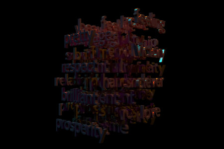 3D rendering. Background abstract, motivation related keywords cloud CGI typography with dark...