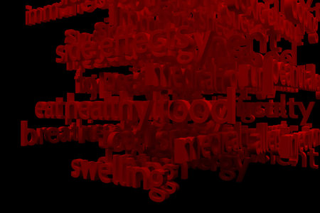 3D rendering. Keywords cloud, health related, CGI typography with dark background. For web page,...