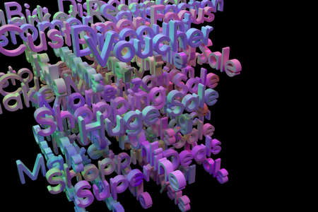 3D rendering. CGI typography with dark background, keywords, business or finance related. Decorative, illustrations. For design texture, background.の写真素材