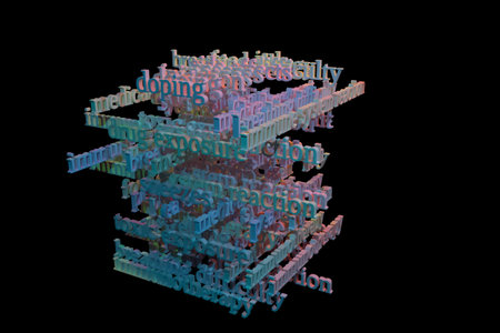 3D rendering. Background abstract, health related keywords cloud CGI typography with dark background
