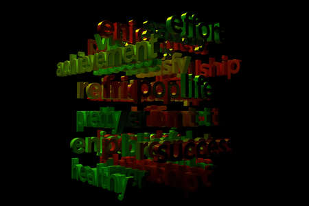 3D rendering. CGI typography with dark background, keywords cloud, motivation related. Decorative, illustrations. For design texture, background.の写真素材