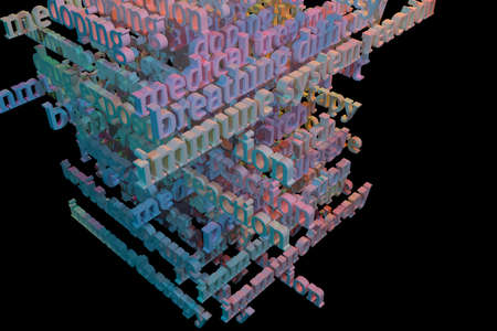 3D rendering. CGI typography with dark background, health related keywords cloud, for design texture or background.の写真素材