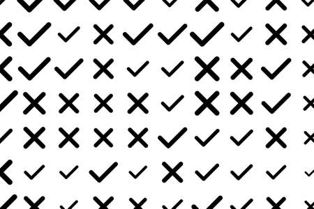 Tick or cross mark, right or wrong sign background hand drawn, good for graphic design. Cartoon style vector.のイラスト素材