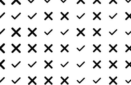 Tick or cross mark, right or wrong sign background hand drawn, good for graphic design. Cartoon style vector.のイラスト素材