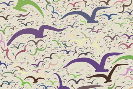 Flying birds abstract hand drawn background, texture or backdrop. Cartoon style vector.のイラスト素材