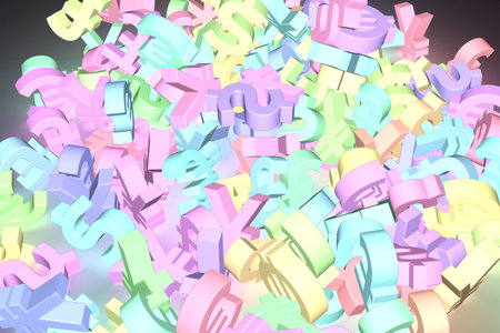 Grow or neon 3D rendering. Money or profit, bunch of currency sign, CGI typography. For web page,...