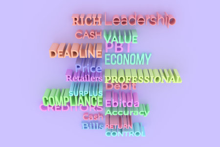 Colorful 3D rendering. CGI typography, business finance related keywords, for design texture or...