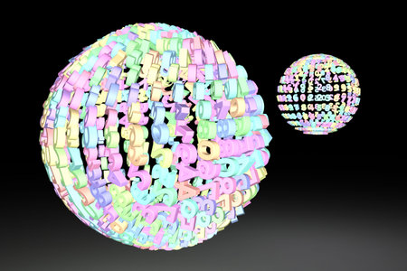Grow neon 3D rendering. CGI typography, sphere or planet, made up from number character. Decorative,...