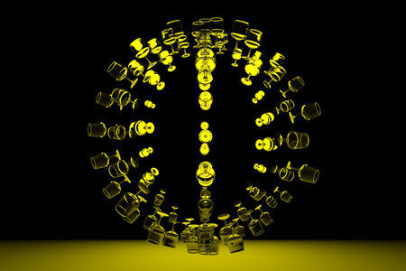 Transparent glasses floating around on yellow background. 3D rendering.