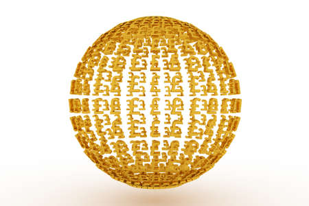 Gold color 3D rendering. Business or finance, sphere or planet, made up from currency character. Decorative, illustrations. For design texture, background.の写真素材