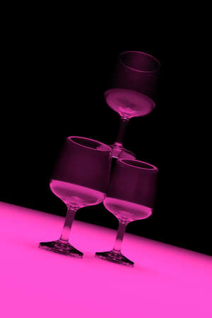 Transparent glasses with color lighting background. 3D rendering.の写真素材