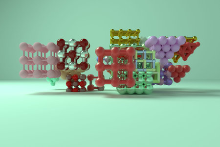 Molecule style concepture inter-locked square or pyramids, illustrations of virtual geometric, for...