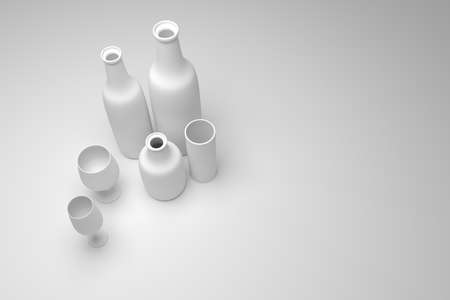 Concepture still life bottle & glass, illustrations of CGI composition, for graphic design, wallpapers, booklets. Gray or black and white b&w 3D render.の写真素材