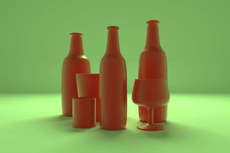 Bottle & glass, concepture still life, CGI composition. For web page, wallpaper, graphic design, catalog, texture or background. Colorful 3D render.の写真素材