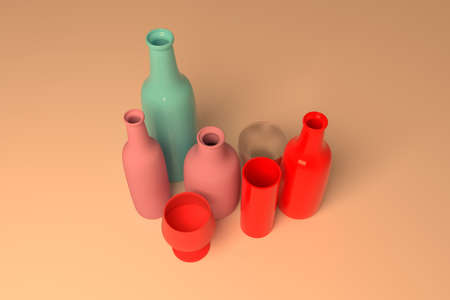 Colorful Background abstract, concepture still life bottle & glass CGI composition, for design & graphic resource. 3D render.の写真素材