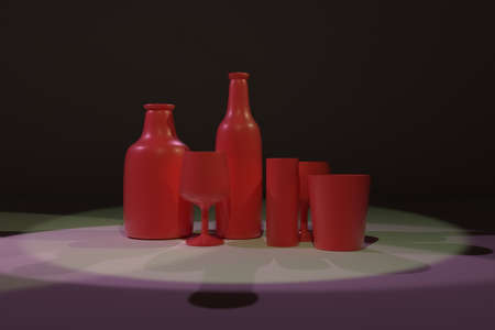 Bottle & glass, concepture still life, CGI composition. For web page, wallpaper, graphic design, catalog, texture or background. Colorful 3D render.の写真素材