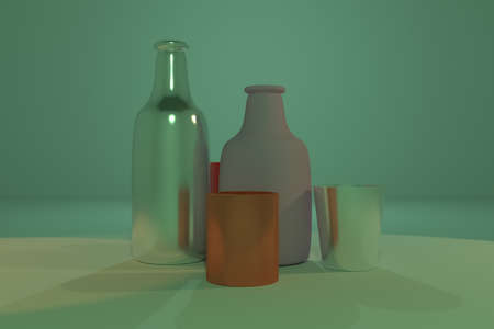 Bottle & glass, concepture still life, CGI composition. For web page, wallpaper, graphic design, catalog, texture or background. Colorful 3D render.の写真素材