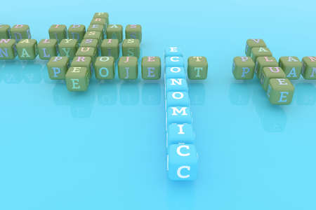 Economic, business keyword crossword. Graphic resource, texture or background, for web page or design. 3D rendering.の写真素材
