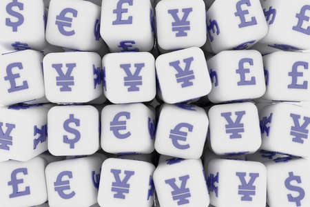Business, finance currency sign, cube or block. For illustrations design, texture or background. 3D render.の写真素材