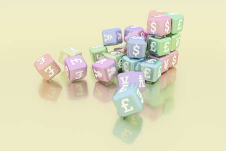 Background abstract, bunch of cube or block finance currency sign business, for design & graphic resource. 3D render.の写真素材