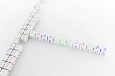 Infrastructure, ict keyword crossword. For web page or design, as graphic resource, texture or background. 3D rendering.の写真素材