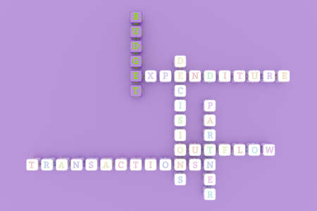 Budget, finance keyword crossword. For web page or design, as graphic resource, texture or background. 3D rendering.の写真素材