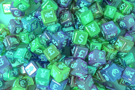 Business finance, cube or block currency sign or symbol, for design texture or title background. 3D render.の写真素材