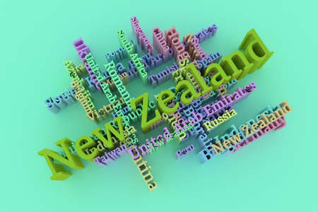 New Zealand, country travel destination keyword words cloud. For web page or design, as graphic resource, texture or background. 3D rendering.の写真素材