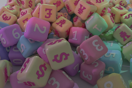 Bunch of currency & number character sign or symbol, for design texture or title background. 3D...