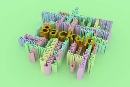 Backup, ICT, information technology keyword words cloud. For web page or design, as graphic resource, texture or background. 3D rendering.の写真素材