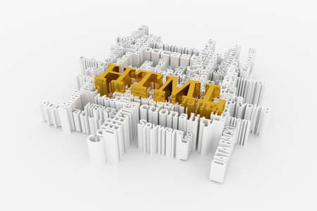 HTML, ICT, information technology keyword words cloud. For web page or design, as graphic resource, texture or background. 3D rendering.の写真素材