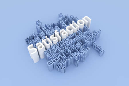 Satisfaction, emotion, keyword words cloud. As graphic resource, texture or background. 3D rendering.の写真素材