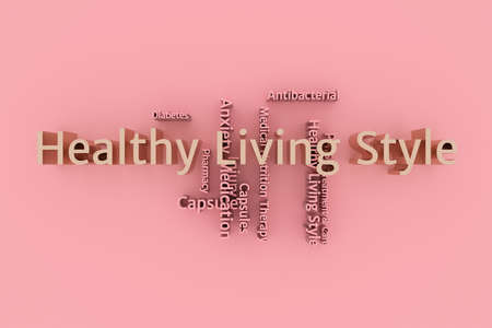 Healthy Living Style, medical, lifestyle keyword words cloud. As graphic resource, texture or background. 3D rendering.の写真素材