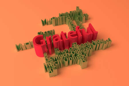 Grateful, thankyou, keyword words cloud. As graphic resource, texture or background. 3D rendering.の写真素材