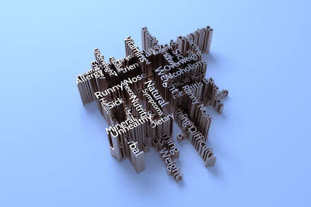 Health or lifestyle keyword words cloud. For web page or design, graphic resource, texture background. 3D rendering.の写真素材