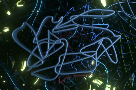 Background abstract, messy colorful string neon grow lights, for design & graphic resource. 3D...