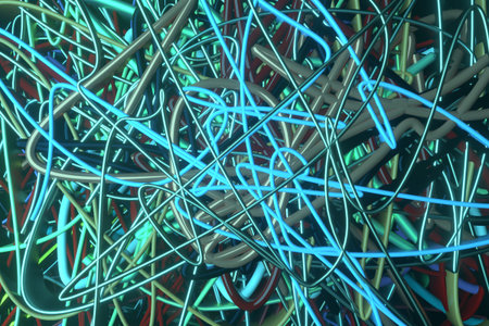 Background abstract, messy colorful string neon grow lights, for design & graphic resource. 3D render.の写真素材
