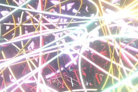 Background abstract, messy colorful string neon grow lights, for design & graphic resource. 3D...