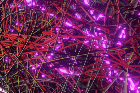 Neon grow lights, messy colorful string. For illustrations design, texture or background. 3D render.