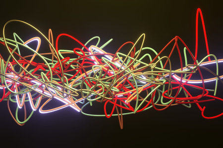 Neon grow lights, messy colorful string. For illustrations design, texture or background. 3D render.