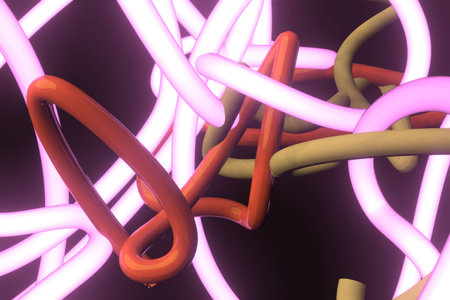 Neon grow lights, messy colorful string. For illustrations design, texture or background. 3D render.