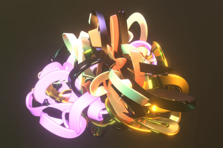 Messy colorful string neon grow lights, for design texture or title background. 3D render.